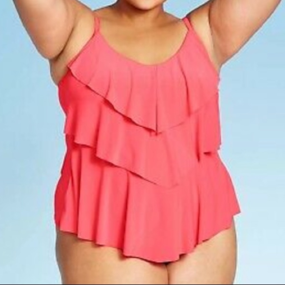 Aqua Green Plus Size Tiered Tankini Top- Neon Coral Pink